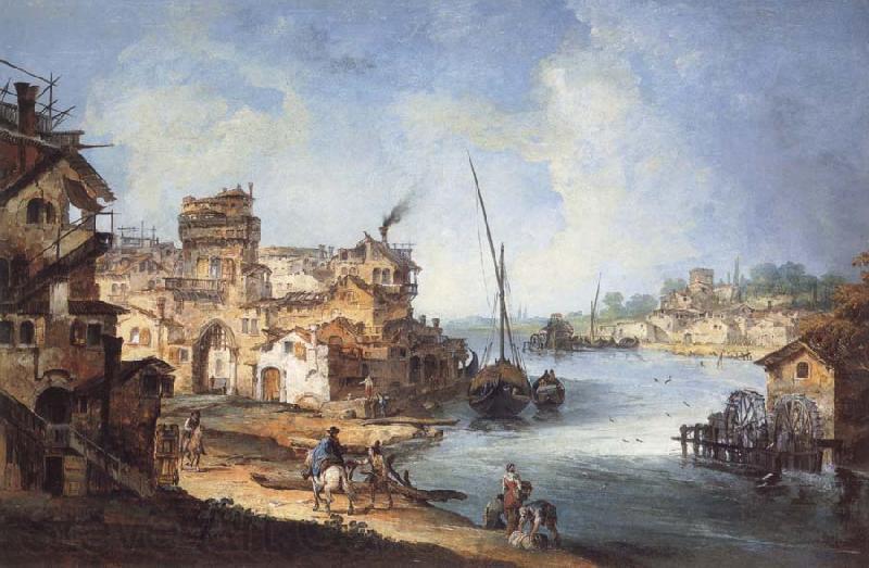 MARIESCHI, Michele Buildings and Figures Near a River with Shipping Spain oil painting art